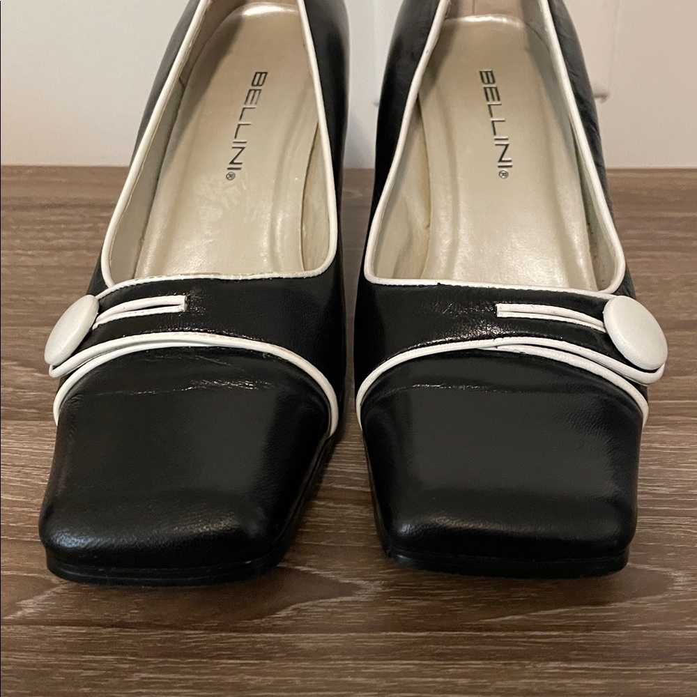 Bellini Shoes Women Size 9W Black White Trim Accents Mid-Height Heel Square Toe - Picture 5 of 10